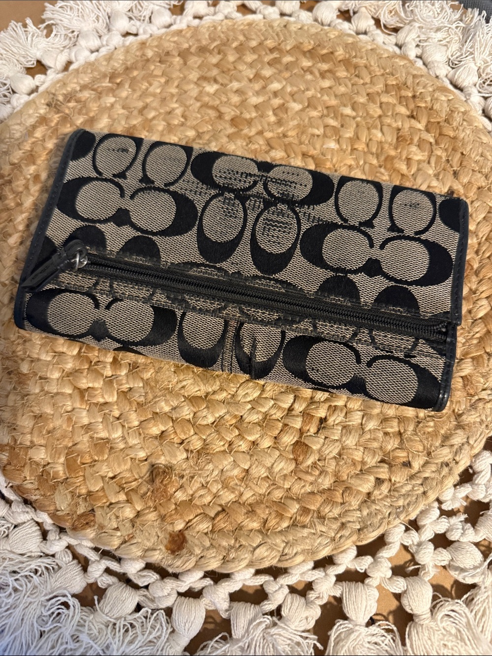 Coach Signature C Monogram Trifold Wallet Black Grey Jacquard Canvas Leather - Picture 4 of 11